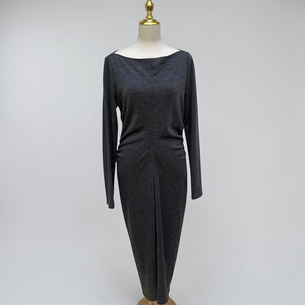 Authentic Tom Ford Ruched Wool Blend Midi Dress 46 Charcoal Grey Italy Designer